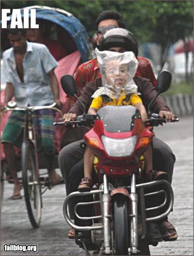 funny fail pics plastic bag on childs head rain protection for motorbikes